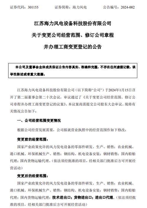 新增进出口业务 海力风电变更经营范围